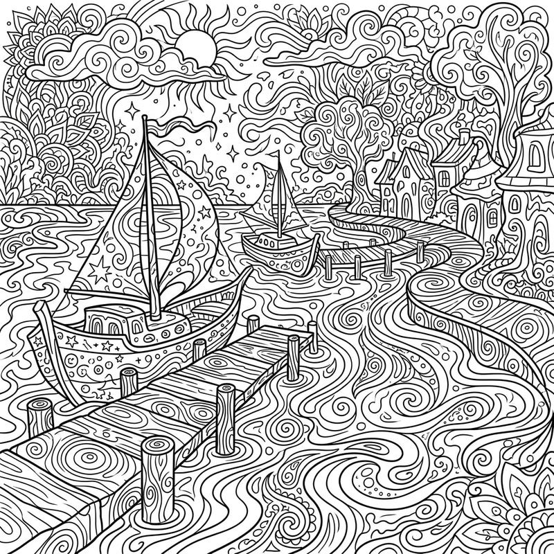 Journey into a mesmerizing world with this psychedelic river docks coloring page, where every line twists and turns in a captivating dance. Perfect for unleashing your creativity and escaping into a vibrant, trippy scene.