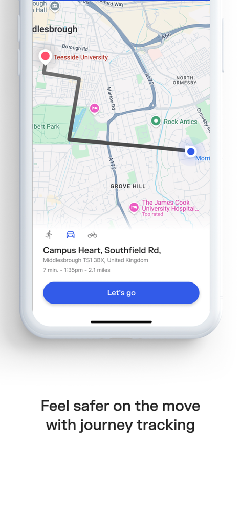 Sonder: Wellbeing & safety - Interfaz de la aplicación Sonder que muestra un mapa de seguimiento de trayecto con una ruta y el botón 'Vamos'