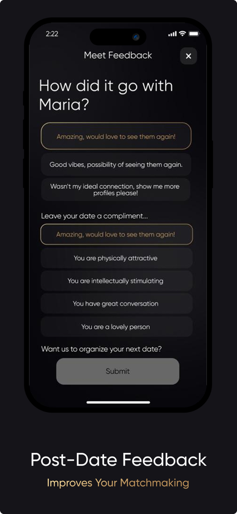 Una pantalla de comentarios posteriores a la cita de la aplicación de citas de lujo MAXION que muestra opciones de evaluación de la pareja.