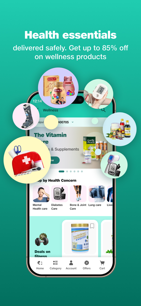 Interface de l'application Netmeds montrant des produits de bien-être, des vitamines et des dispositifs médicaux avec des catégories de problèmes de santé.