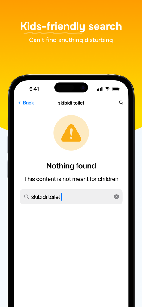Interfaccia dell'app Kids TV che mostra un risultato di ricerca bloccato per contenuti inappropriati per garantire la sicurezza dei bambini.