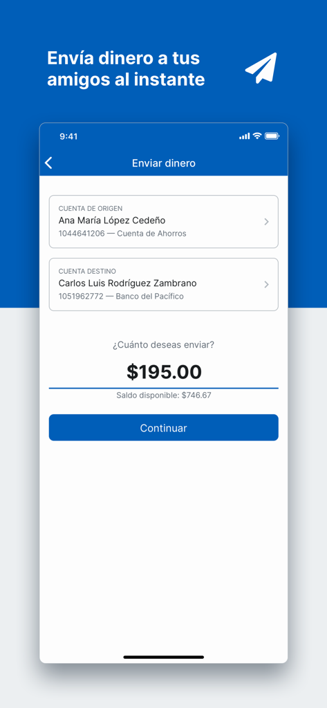 Banco del Pacífico - Interfaz de la aplicación móvil de Banco del Pacífico mostrando un proceso de transferencia de dinero por ciento noventa y cinco dólares