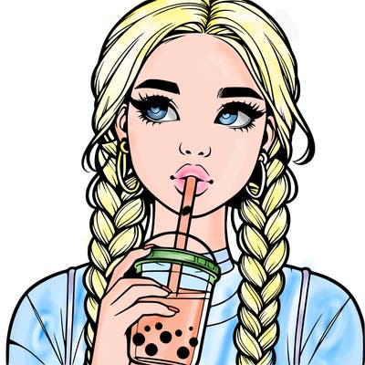 realistic girl with braided hair drinking boba