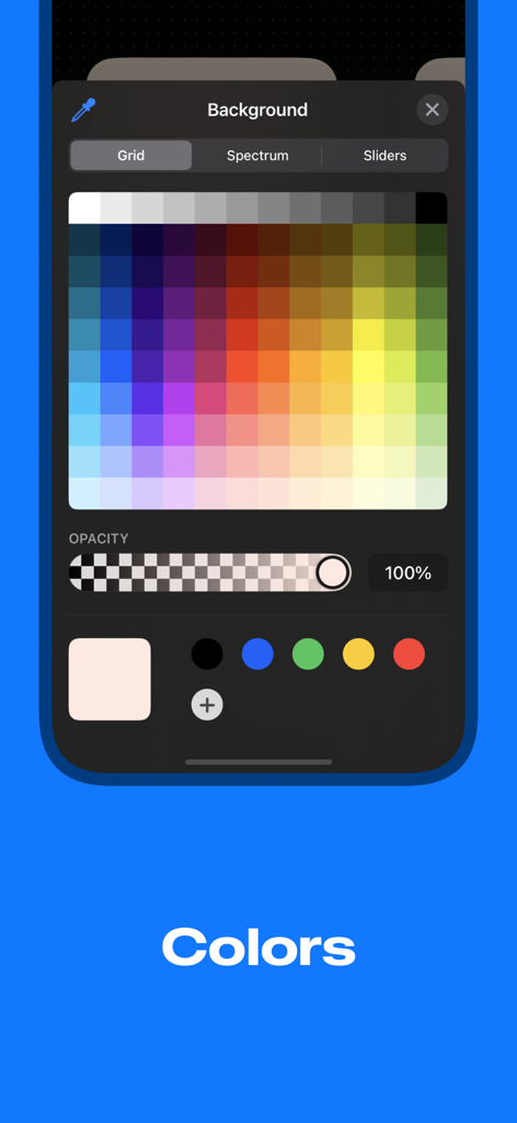 Screenshot Studio - App Mockup - Interface mostrando o seletor de cores e as configurações de opacidade para personalizar os fundos das capturas de tela de aplicativos