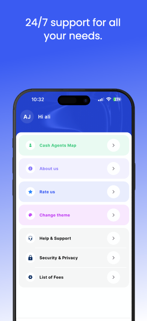 Wink NEO - Menú de configuración de la app Wink NEO mostrando opciones de ayuda, soporte, seguridad y tarifas