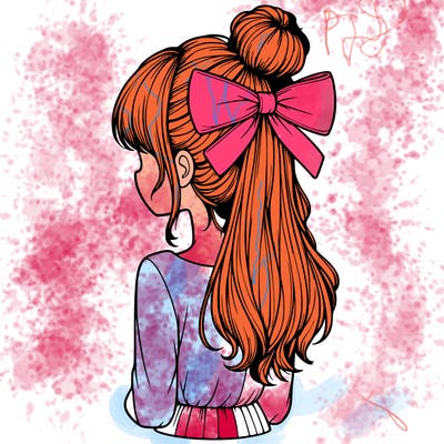 realistic girl  with hip length hair a bun and a big bow on the back of head