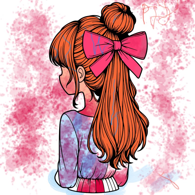 realistic girl  with hip length hair a bun and a big bow on the back of head