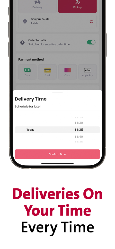 HAAT - HAATアプリの配達スケジュールと、現金を含む複数の支払いオプションを表示する画面。