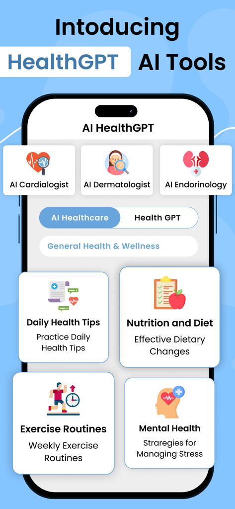 Mobile interface for HealthGPT AI tools featuring specialized medical categories and wellness tips
