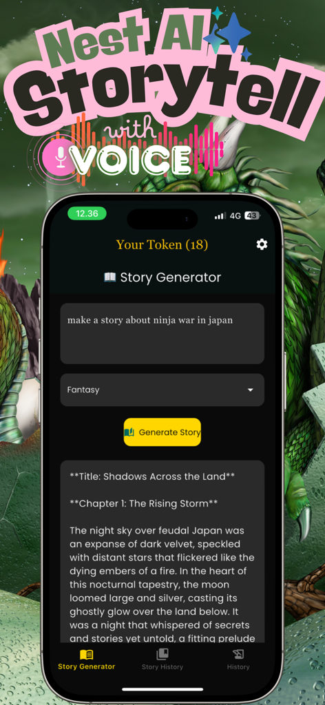 Nest AI: Story Teller - Interface of the Nest AI Story Teller app showing a generated fantasy story about a ninja war in Japan