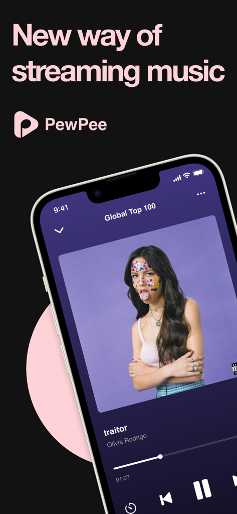PewPee: Music Player Offline - PewPee music player interface showing a song playback screen on a smartphone