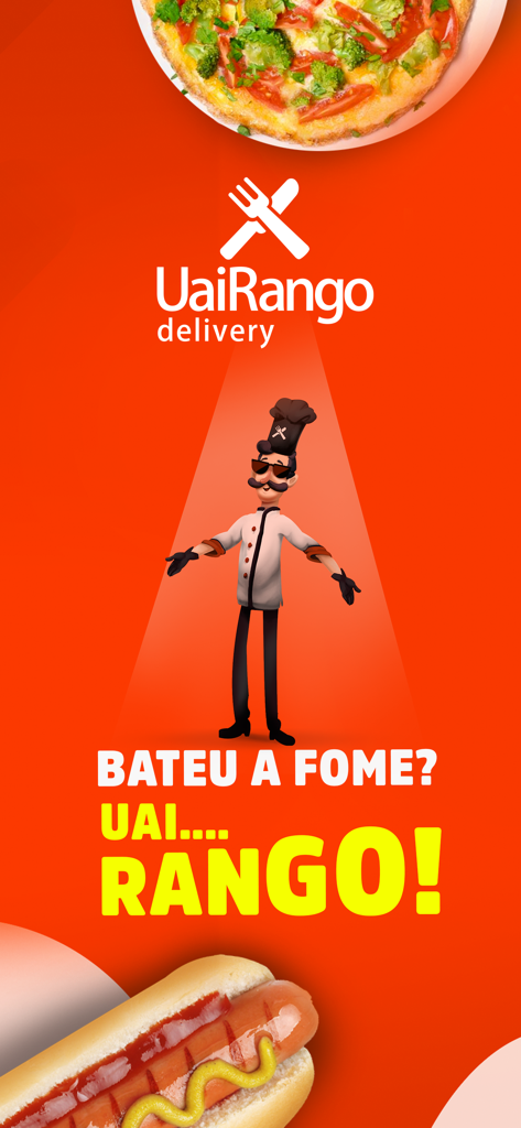 UaiRango - UaiRango food delivery app promotional image with a cartoon chef and Brazilian Portuguese text