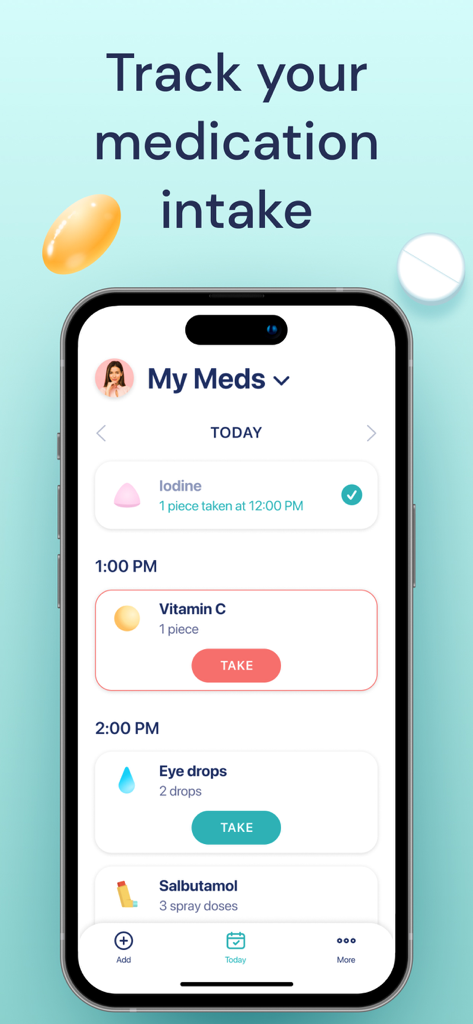 Tela do aplicativo Pill Reminder exibindo uma agenda diária de medicamentos com botões de ingestão e marcadores de status.