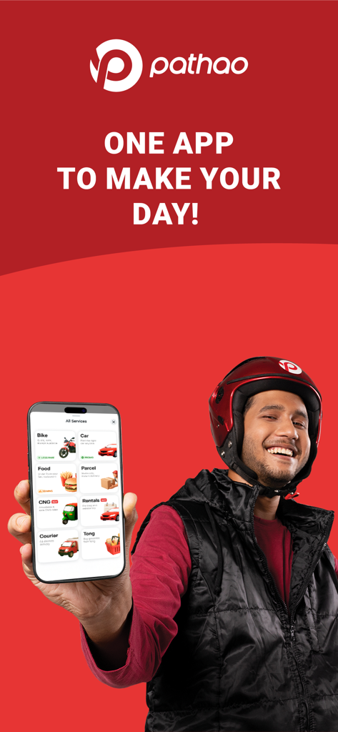 Pathao - A smiling man in a helmet holding a smartphone displaying the Pathao app services including bike car food and parcel delivery