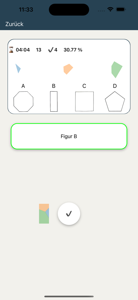 MedAT Vision - Capture d'écran de l'application MedAT Vision montrant un test cognitif d'assemblage de figures géométriques.