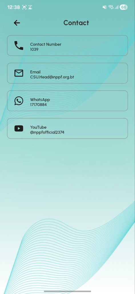 Nga Yoe - Contact page of the Nga Yoe app displaying phone number email whatsapp and youtube support options