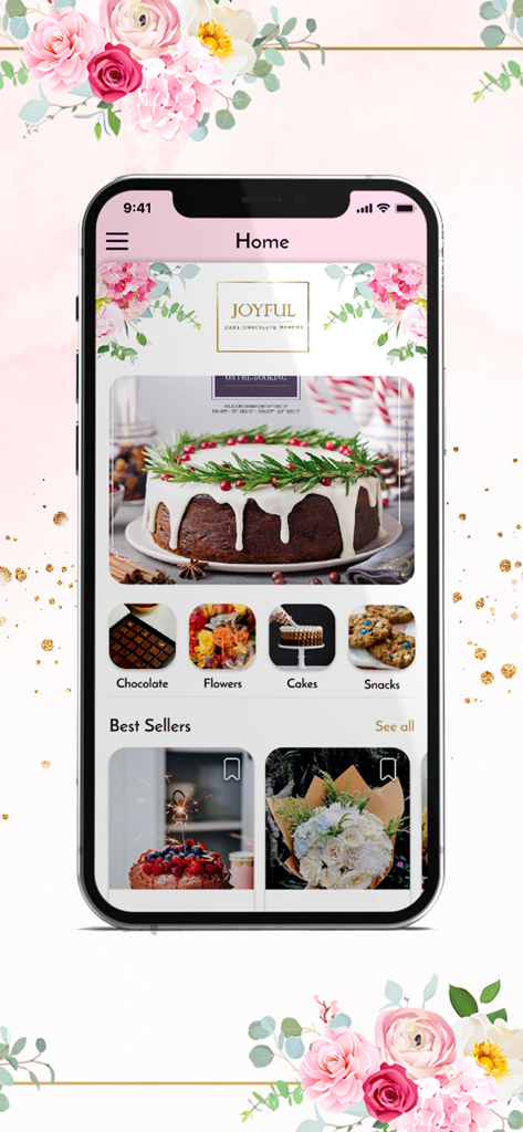 JOYFUL BOXES - Joyful Boxes app home screen showing categories for cakes flowers and chocolates with a floral theme