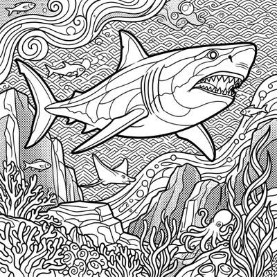 Unleash your creativity with this dynamic Pop Art coloring page featuring a magnificent Megalodon in its ancient habitat. Bold lines and intricate details promise an exciting journey beneath the waves.