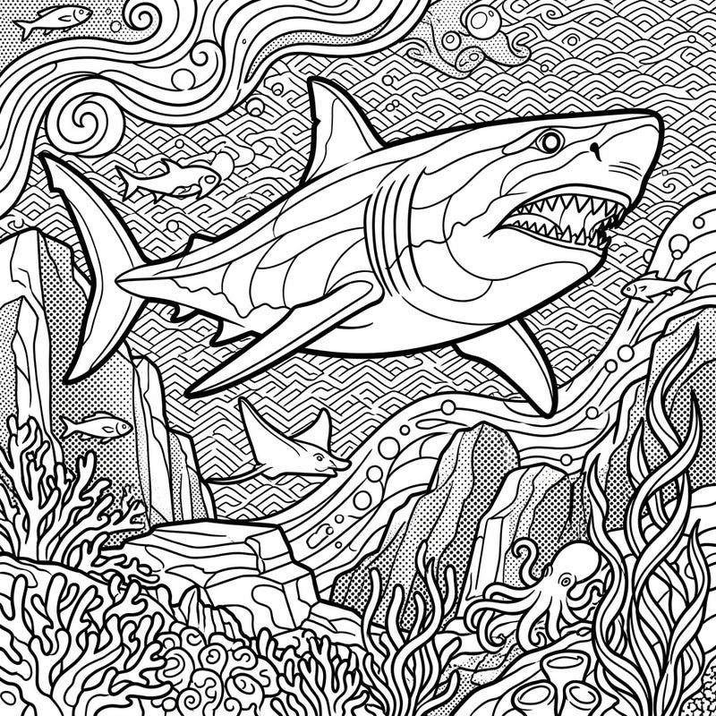 Unleash your creativity with this dynamic Pop Art coloring page featuring a magnificent Megalodon in its ancient habitat. Bold lines and intricate details promise an exciting journey beneath the waves.