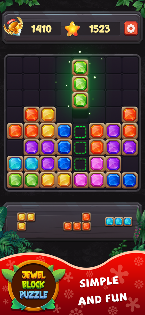 Gameplay of Jewel Block Puzzle Classic showing colorful gem blocks on a grid