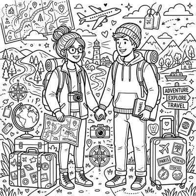 Celebrate love and wanderlust with this intricate coloring page featuring a couple ready for adventure. Dive into a world of travel with maps, suitcases, and scenic landscapes, perfect for teens and adults.