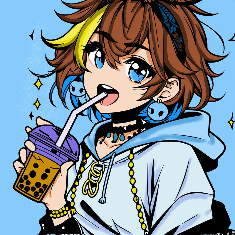 hot baddie anime girl drinking boba and biting the straw