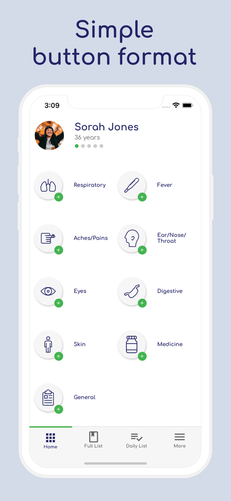 Talli Health app interface showing simple buttons for tracking symptoms like fever and medication