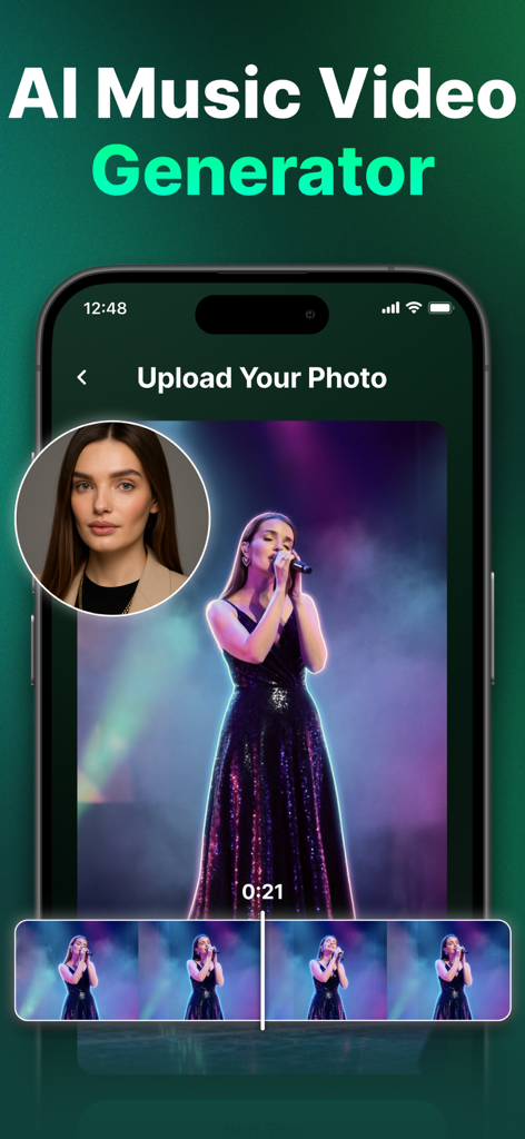 AI Song: AI Music Generator - AI Music Video Generator Bildschirm, der zeigt, wie ein Foto in ein Musikvideo einer singenden Frau auf der Bühne umgewandelt wird