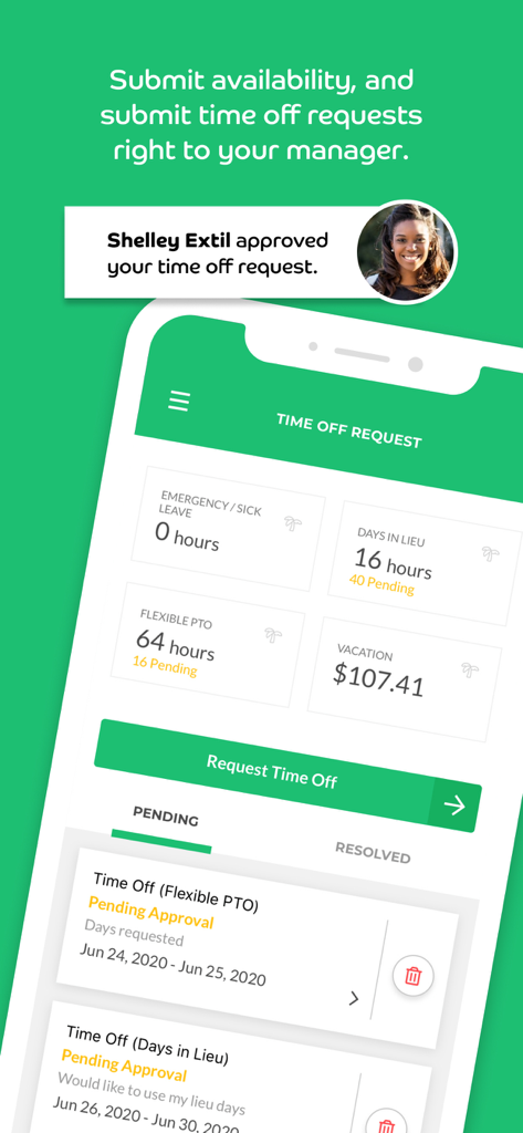 Push Employee app dashboard showing time off request history and pending leave status