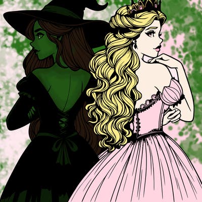 a witch and a princess back to back realistic