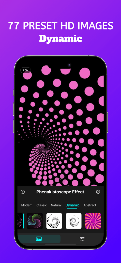 Rotation - Visual Effect - Pantalla de smartphone que muestra un patrón de espiral dinámica rosa en la aplicación de efecto visual Rotation