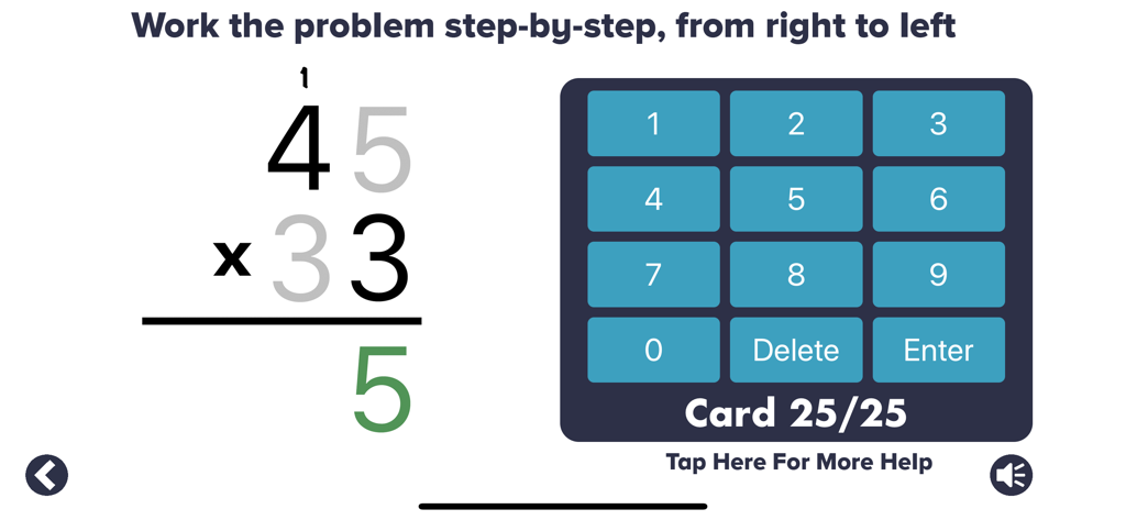 A step-by-step multiplication problem being solved in the MathEdge Multiplication Kids app