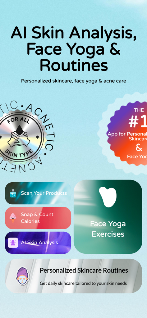 Oberfläche der Acnetic-App, die KI-Hautanalysen, Gesichtsyoga-Übungen und personalisierte Hautpflegeroutinen zeigt.