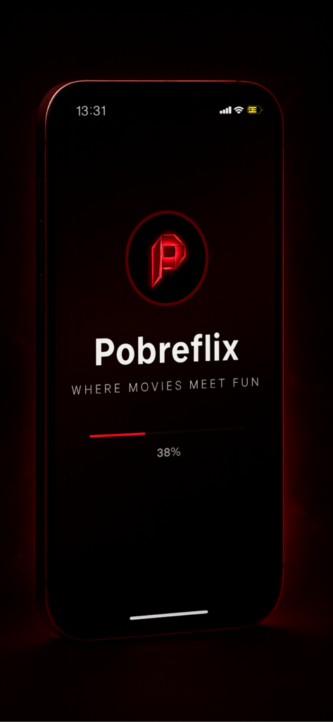Tela de abertura do aplicativo companheiro de filmes Pobreflix com logotipo vermelho e barra de carregamento
