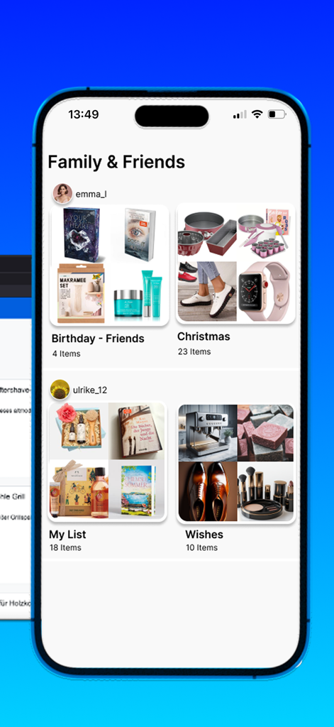 Mobile app screen showing shared gift wishlists from family and friends organized by user.