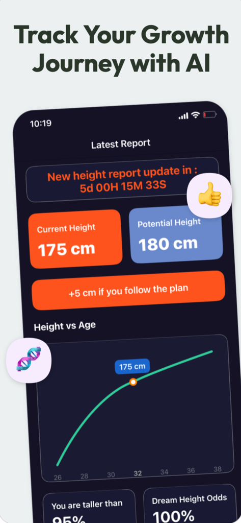 Taller ai height increase - Größenverfolgungsbericht in der TallBoost AI App, der das Wachstumspotenzial und den Fortschrittsgraphen anzeigt