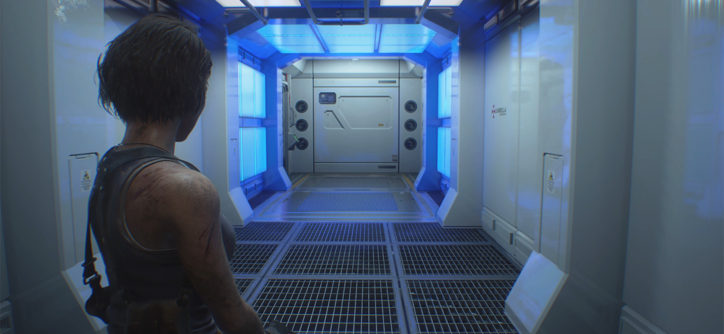 Jill Valentine looking down a sterile blue-lit hallway in an Umbrella facility