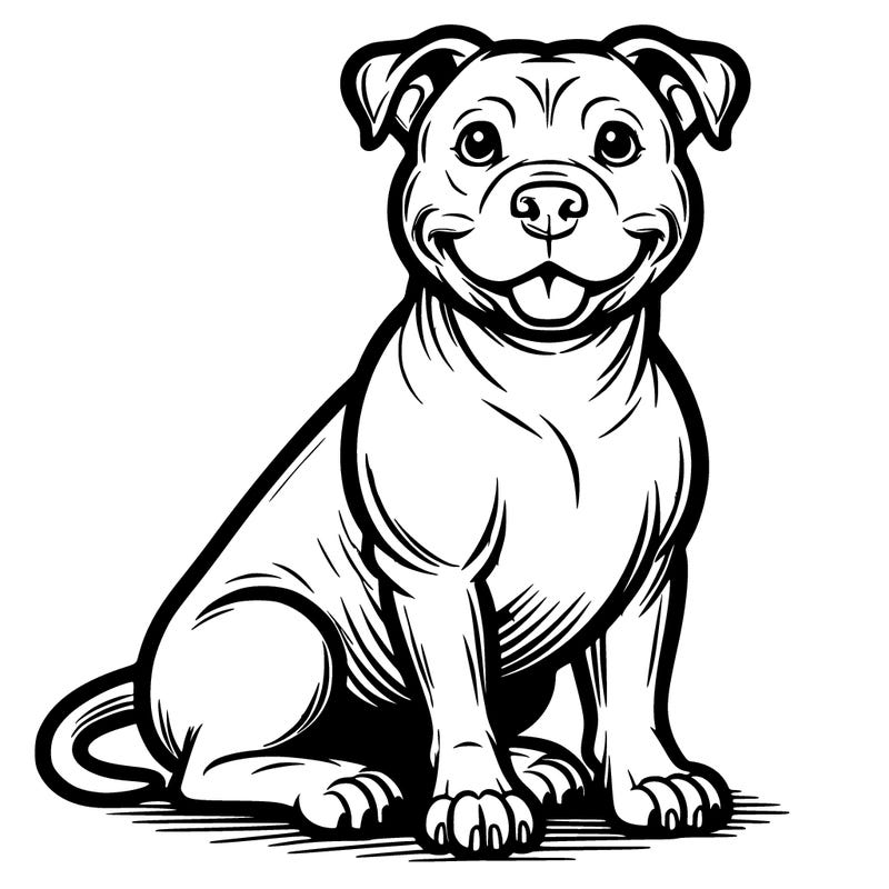 a pit bull dog sitting and smiling