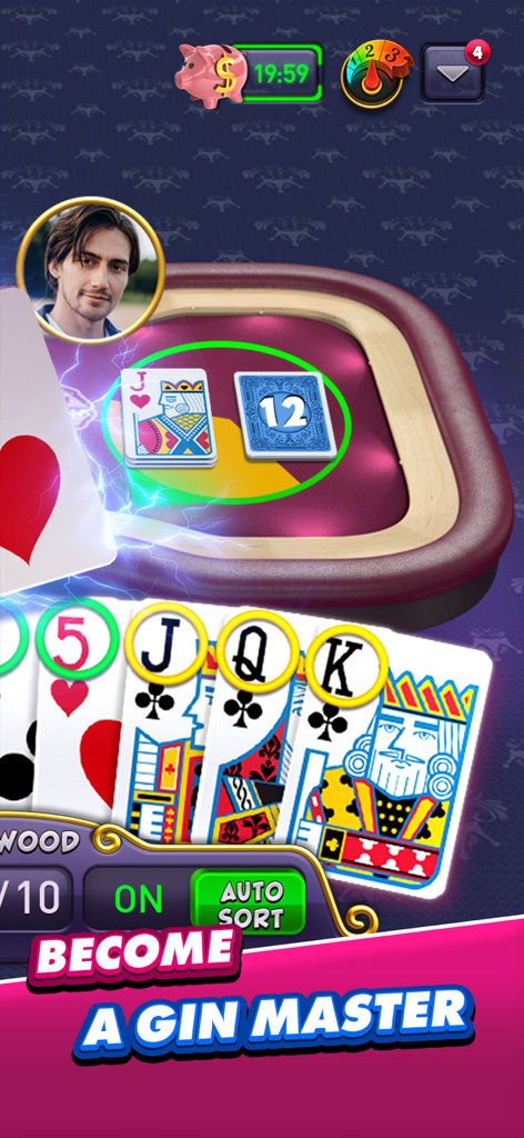 In-game screenshot of Gin Rummy Plus showing cards on a table with the text Become a Gin Master