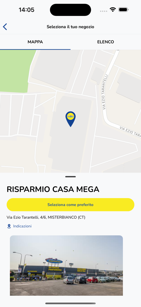 Localizzatore negozi dell'app Risparmio Casa che mostra una vista della mappa e i dettagli del negozio per la sede di Misterbianco.