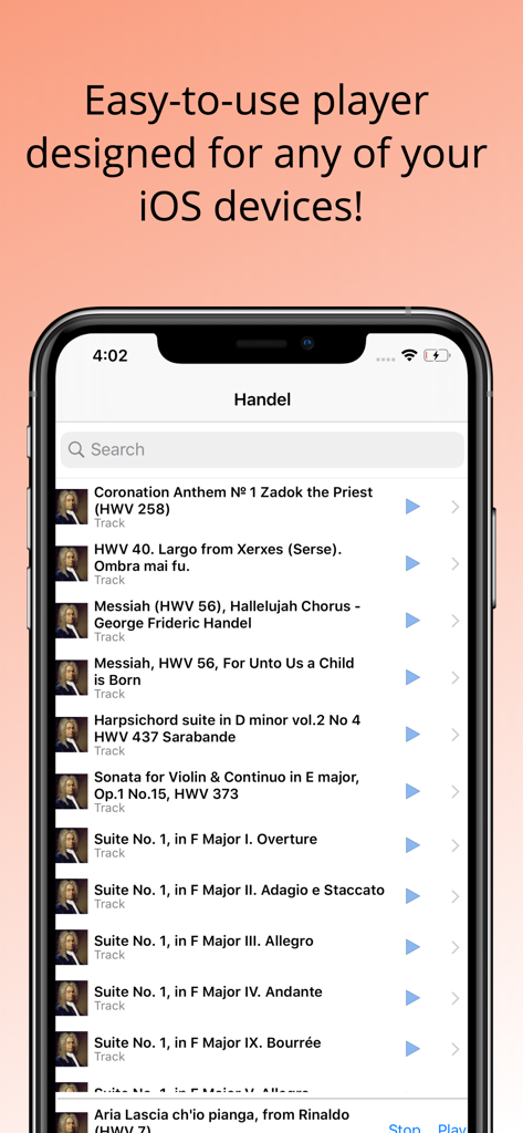 The Best of Handel music app interface on an iPhone displaying a list of classical music tracks