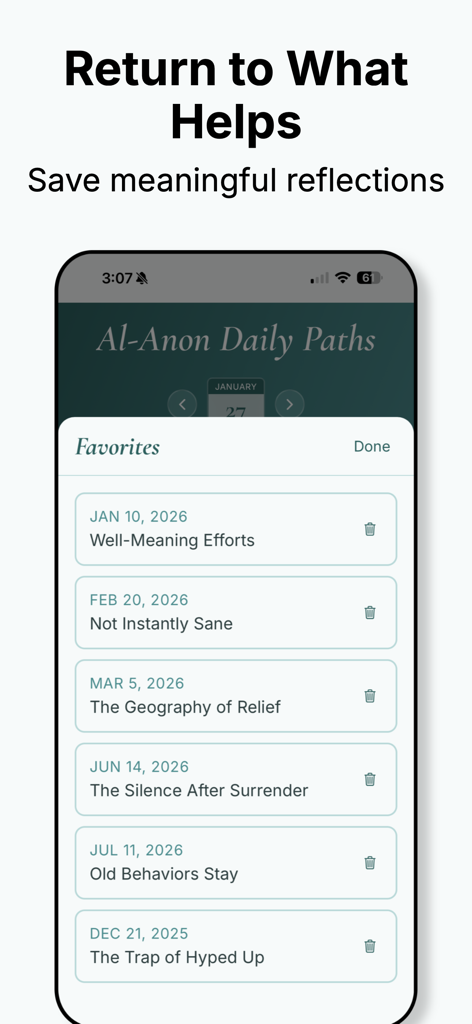 Al-Anon Daily Paths - The favorites screen of the Al-Anon Daily Paths app showing a list of saved meaningful reflections
