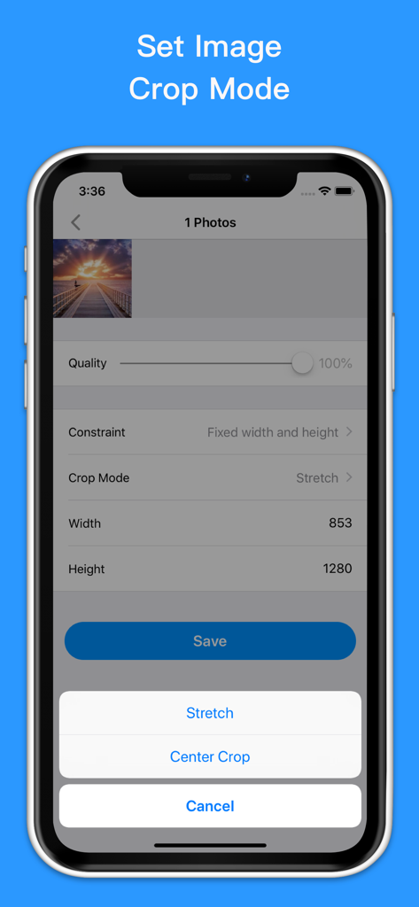 Image Size - Resize Image - 写真のリサイズのためのストレッチやセンタークロップなどのクロップモードオプションを示す画像サイズアプリのインターフェース。