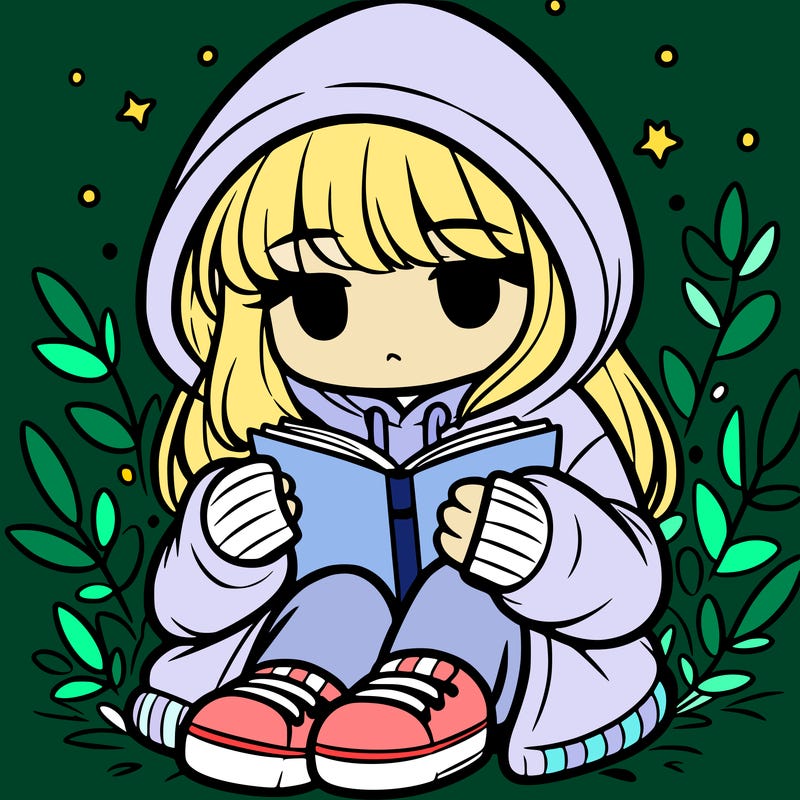 girl in oversized hoodie reading a book
