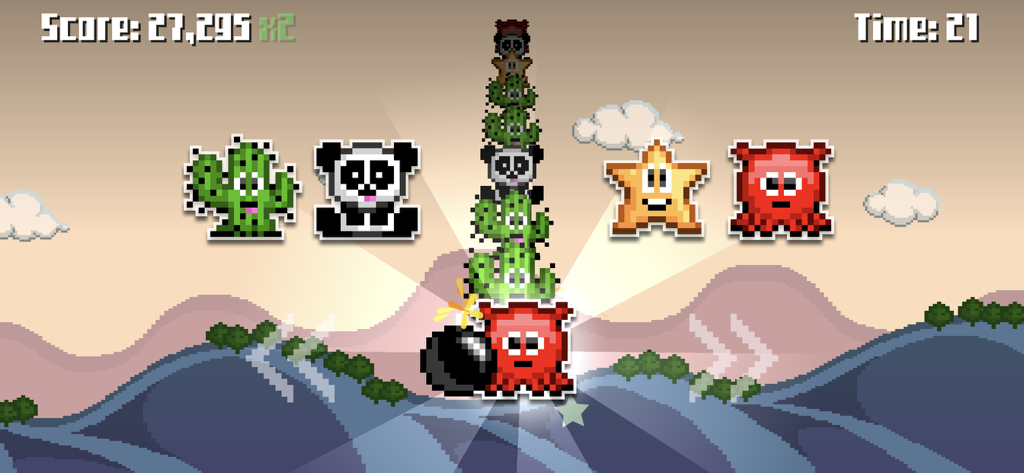 Critter Panic! - クリッターパニックのモバイルゲーム画面。カラフルなピクセルアートの生き物とマッチングチャレンジが特徴。