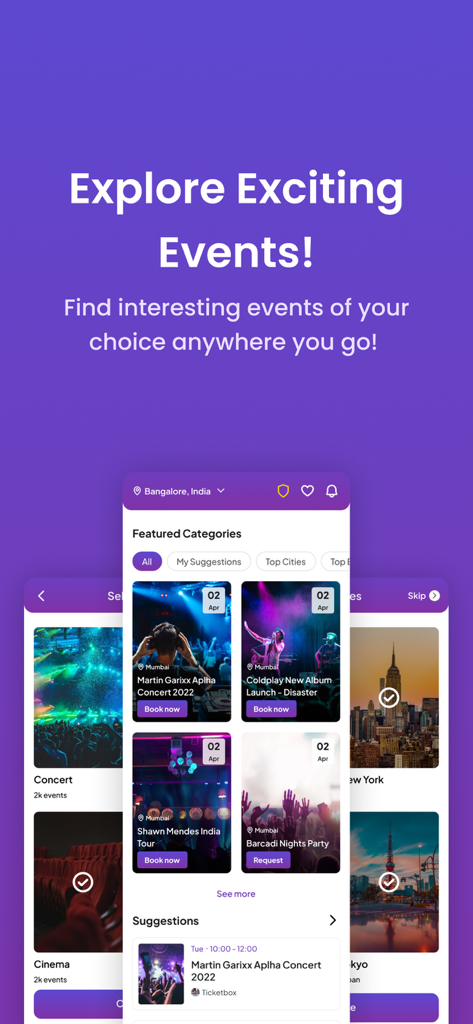 Ticket Box App - Interfaz de la aplicación móvil Ticket Box que muestra varias categorías de eventos y listados de conciertos como Martin Garrix y Coldplay.