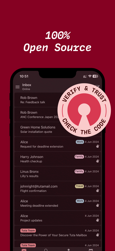 Tuta: Encrypted Private Email - Posta elettronica crittografata Tuta in arrivo su uno smartphone con testo 100% open source e un badge di verifica e fiducia