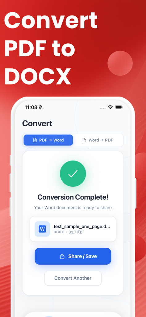 PDF to Word Converter & Docx - Screenshot of a mobile app interface showing a successful PDF to DOCX conversion with options to share or save the file