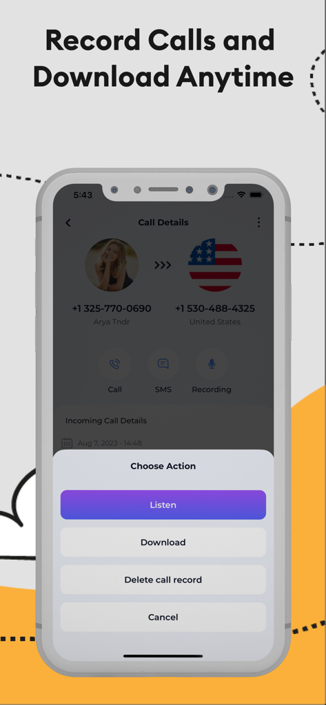 GSM+ Second Phone Number - Interfaz de la aplicación GSM plus para grabar y descargar llamadas telefónicas