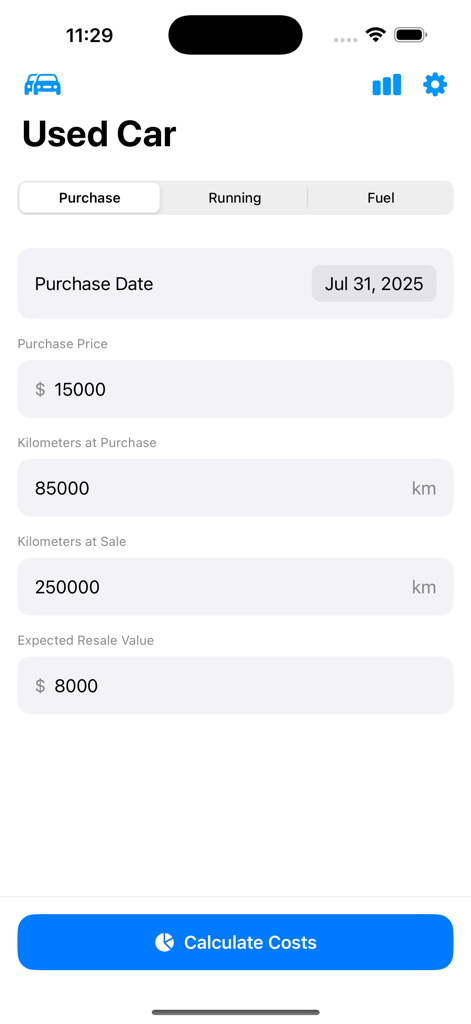 Car Monthly Costs - A screen in the Car Monthly Costs app showing purchase price, mileage, and expected resale value for a used car.